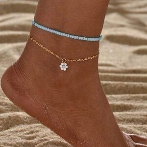 2 pcs Flower Charm Beaded Anklet Set Golden Chain